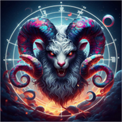 Et dramatisk billede af en vædder med farverige horn og intense øjne, omgivet af astrologiske symboler.