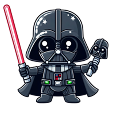 En sød, tegneserieagtig version af Darth Vader, der holder en lyssabel og en lille figur.