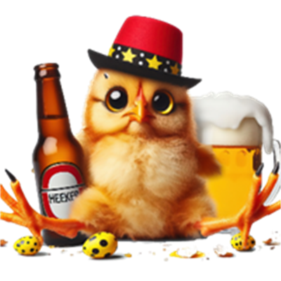 Et sødt kylling med en festhat sidder ved en ølflaske og et glas øl.