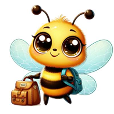 En glad, cartoon-lignende bi med store øjne, der bærer en rygsæk og en taske.