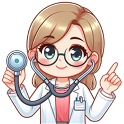 En tegneseriefigur af en kvindelig læge med briller og stetoskop, der smiler.