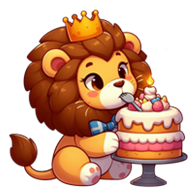 En sød tegneserie-løve iført en krone, der nyder en farverig fødselsdagskage.