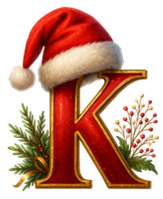 Et stort, rødt bogstav K iført en nissehue, omgivet af julegrønne dekorationer.