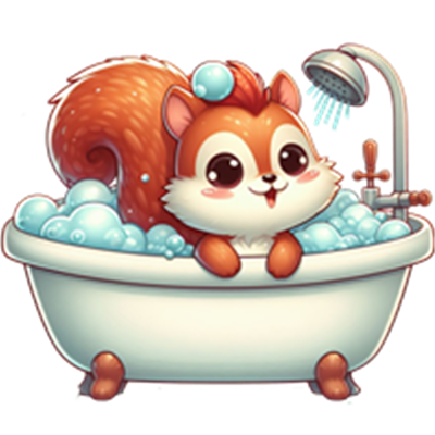 En tegneserieagtig vaskebjørn nyder et bad i et fyldt badekar med sæbebobler.