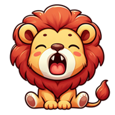 En farverig og glad tegneserie-løve, der sidder og brøler.