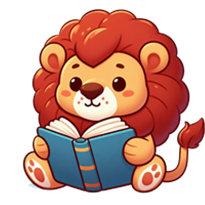 En sød, cartoon-lignende løve, der sidder og læser en bog.