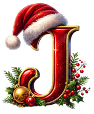 Et dekorativt bogstav J iført en nissehue, omkranset af julegrønne elementer.