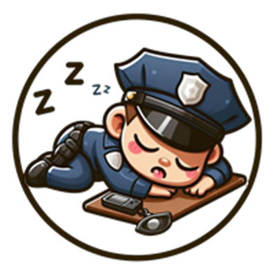 En sød, tegneserieagtig politibetjent, der sover på et bord med en telefon ved siden af.
