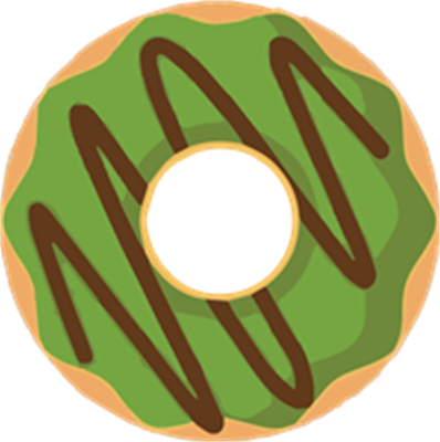 En illustration af en donut med grøn glasur og chokoladefletninger.