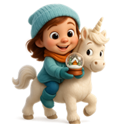 Et barn i vintertøj, der rider på en hvid enhjørning og holder en snebold.