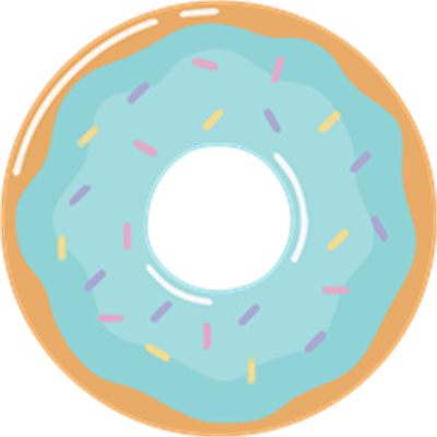 En illustreret donut med blå glasur og farverige strøelse.