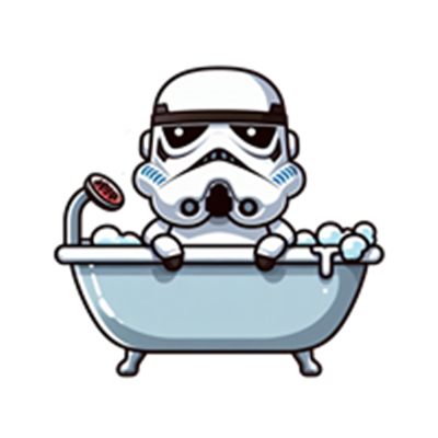 En sjov illustration af en stormtrooper, der slapper af i et badekar fyldt med sæbebobler.