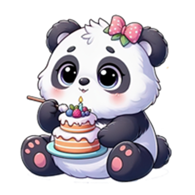 En sød, tegnet panda med en sløjfe, der sidder og spiser en farverig kage.