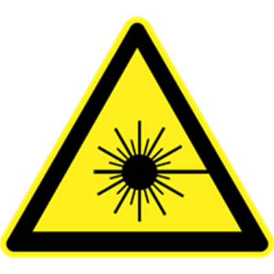 Et advarselsskilt i trekantet form, der angiver risikoen for laserstråler.