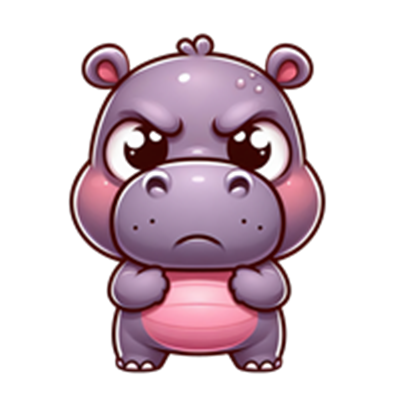 En lille, tegneserieagtig flodhest med en sur mine og store øjne.