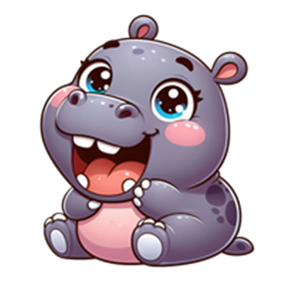 En glad og tegnet flodhest med store øjne og et stort smil, der ser ud til at være meget venlig.