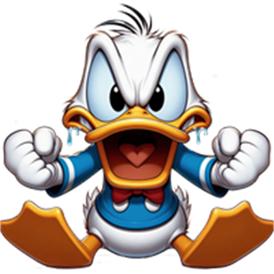 En tegneseriefigur af en vred and med hænderne knyttet og åben mund.