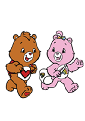 To farverige bamser, en brun og en lyserød, der danser og synger sammen.