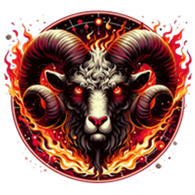 Et dramatisk billede af et vædderhoved omgivet af flammer og mystiske symboler.