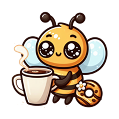 En charmerende tegning af en bi, der holder en kop kaffe og en småkage.