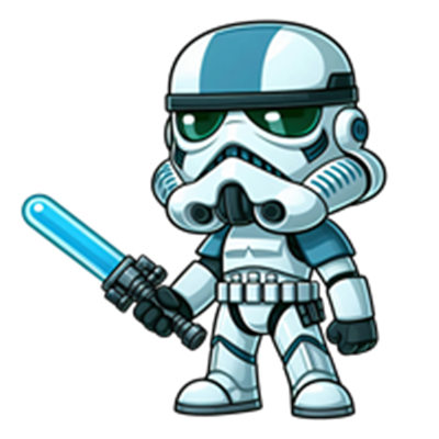 En sød, tegneserieagtig stormtrooper iført blå detaljer og med et lysværd.