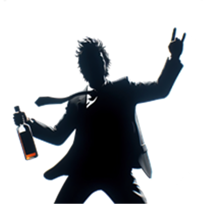 En silhouet af en person i jakkesæt, der holder en flaske og laver en sejrsgest.