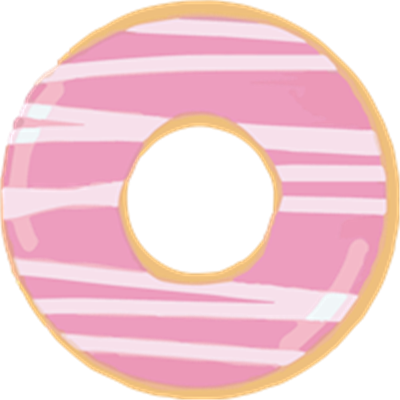 En farverig donut med pink glasur og hvide striber, perfekt til dessert.