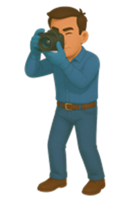 En mand står med et kamera og tager billeder, iført en blå skjorte og bukser.