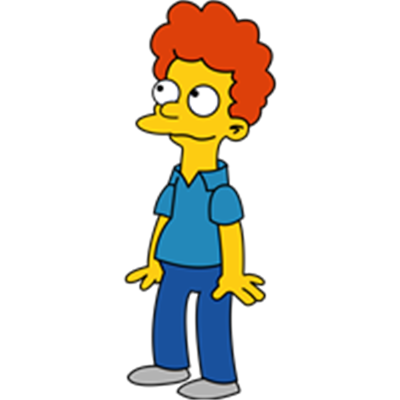En animeret karakter med krøllet rødt hår, iført en blå skjorte og jeans.