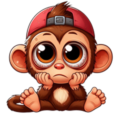 En sød og eftertænksom abe med store øjne og en rød hat, der sidder med hænderne under hagen.