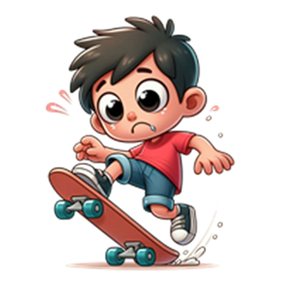 En tegnet dreng, der forsøger at skate, ser nervøs ud, mens han balancerer på sin skateboard.