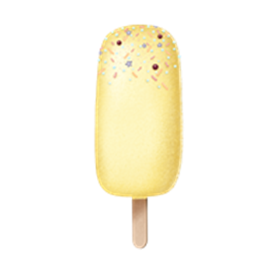 En gul is på en pinde, dekoreret med farverige perler og en glat overflade.