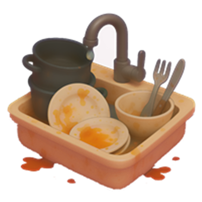 Et billede af en vask fyldt med beskidte tallerkener, skåle og bestik.