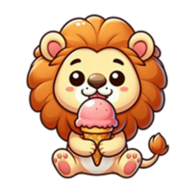 En tegneserieagtig løve, der sidder og holder en isvaffel med jordbæris.
