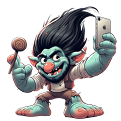 En farverig trold med langt hår, der tager et selfie, mens han holder en slikkepind.