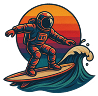 En farverig illustration af en astronaut, der surfer på en bølge med en solnedgang i baggrunden.