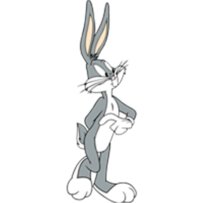 En grå kanin med lange ører og en selvsikker attitude, typisk for klassiske tegnefilm.