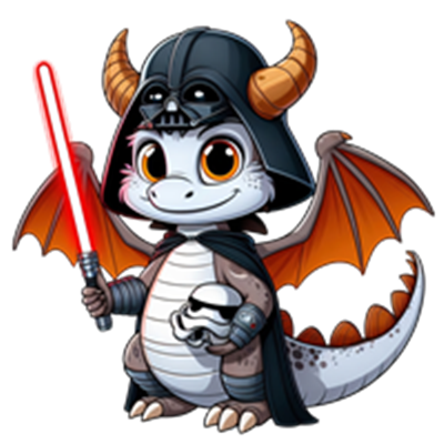 En sød drage iført en Sith-hjelm, kappe og holder et lyssværd.