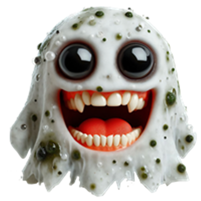 En farverig og sjov spøgelsefigur med store øjne og et stort smil, dækket af slimede pletter.