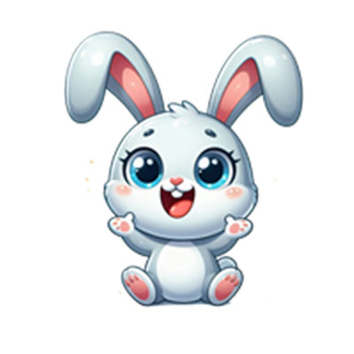 En glad, tegnet kanin med hvit pels og store, udtryksfulde øjne, der sidder og smiler.