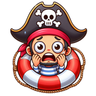 En tegneseriefigur af en bange pirat i en livbøje med et skæbnesvangert pirathoved.