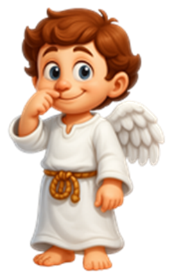 En glad dreng i hvid klædning med vinger, der smiler og peger på sin næse.