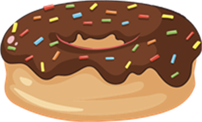 En illustreret donut med chokoladeglasur og farverige drys på toppen.