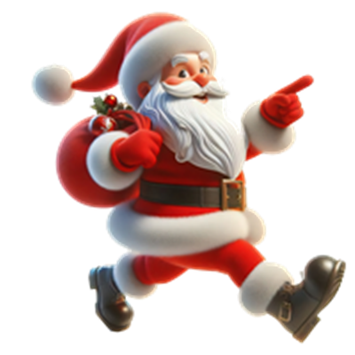 En glad julemand, der løber med en sæk fyldt med gaver.