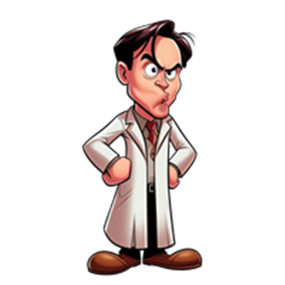 En tegneserieagtig skikkelse af en vred videnskabsmand iført en labfrakke.