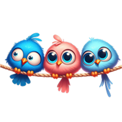 Tre søde, farverige fugle sidder på en gren med store, udtryksfulde øjne.