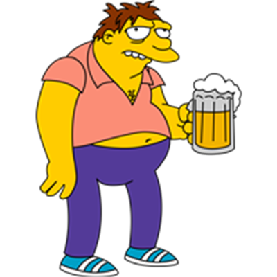 En tegneseriefigur med gult ansigt, iført en lyserød skjorte og holder en ølkrus.