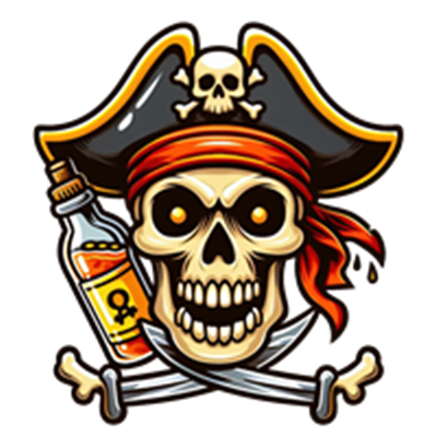 En farverig illustration af en piratskalle iført en hat, med en flaske og krydser.
