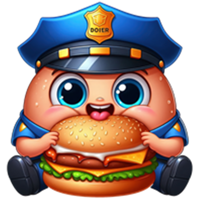 En farverig og sød karakter, der ligner en politibetjent, der holder en stor burger.