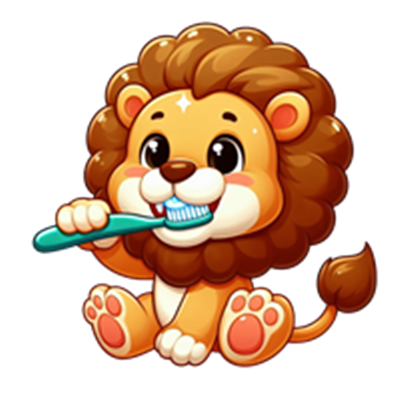 En farverig, tegneserieagtig løve, der børster sine tænder med en tandbørste.